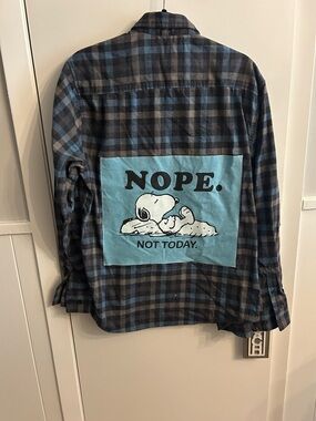 Unisex Snoopy Plaid flannel with Graphic tee Shirt sewn on back large